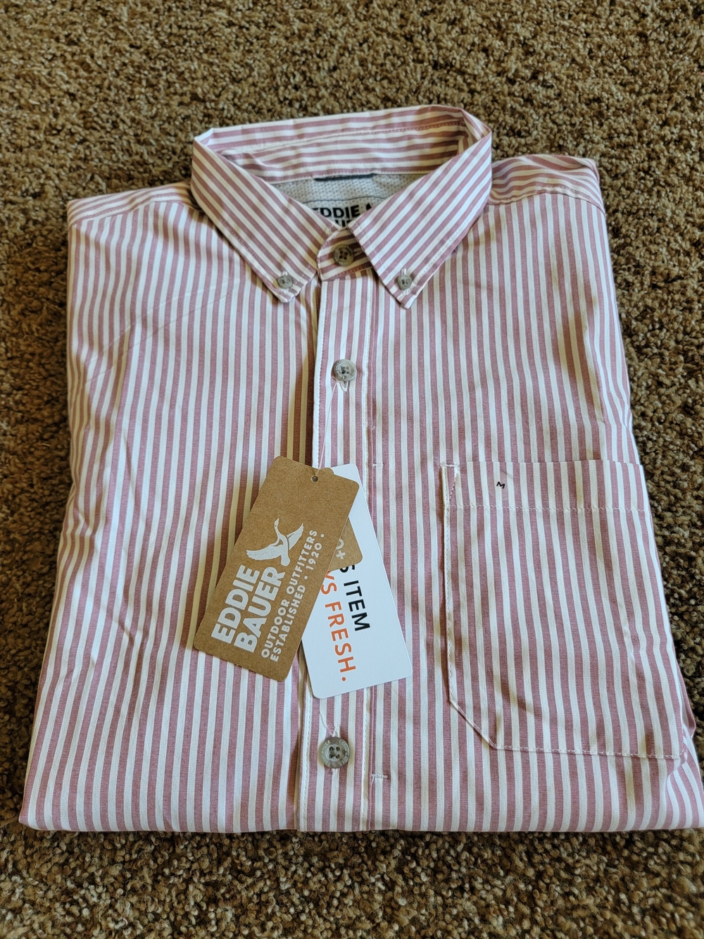 Eddie Bauer Men's Pink and White Striped Button-Down Shirt